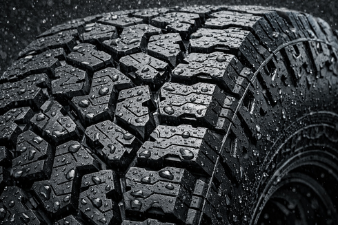 A close-up of a rugged, wet black off-road tire with deep tread patterns and water droplets on its surface.