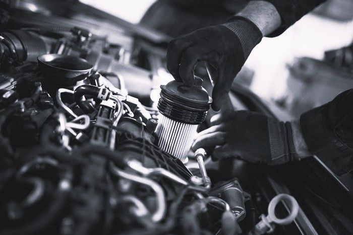 Mechanic hands installing an air filter in a car engine bay: mechanical service in Maitland