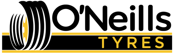 Tyres & Mechanical in Maitland & Rutherford Logo for O'Neills Tyres with black text, a yellow and black tyre icon, and horizontal gold bars on a black background.