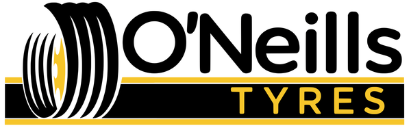 Logo for O'Neills Tyres with black text, a yellow and black tyre icon, and horizontal gold bars on a black background.
