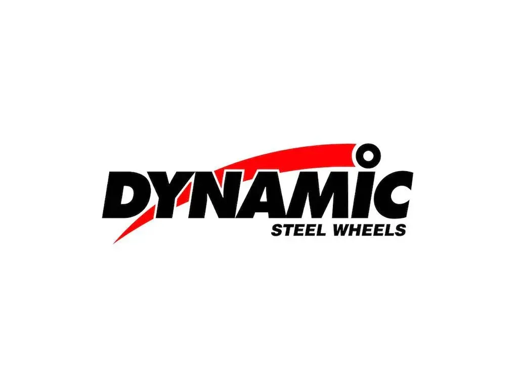 The Dynamic Steel Wheels logo features bold black text with a stylized red swoosh and a black hexagonal icon.