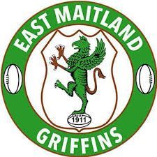 Logo of the East Maitland Griffins, featuring a green griffin standing on a rugby ball labeled 1911 inside a green circle.