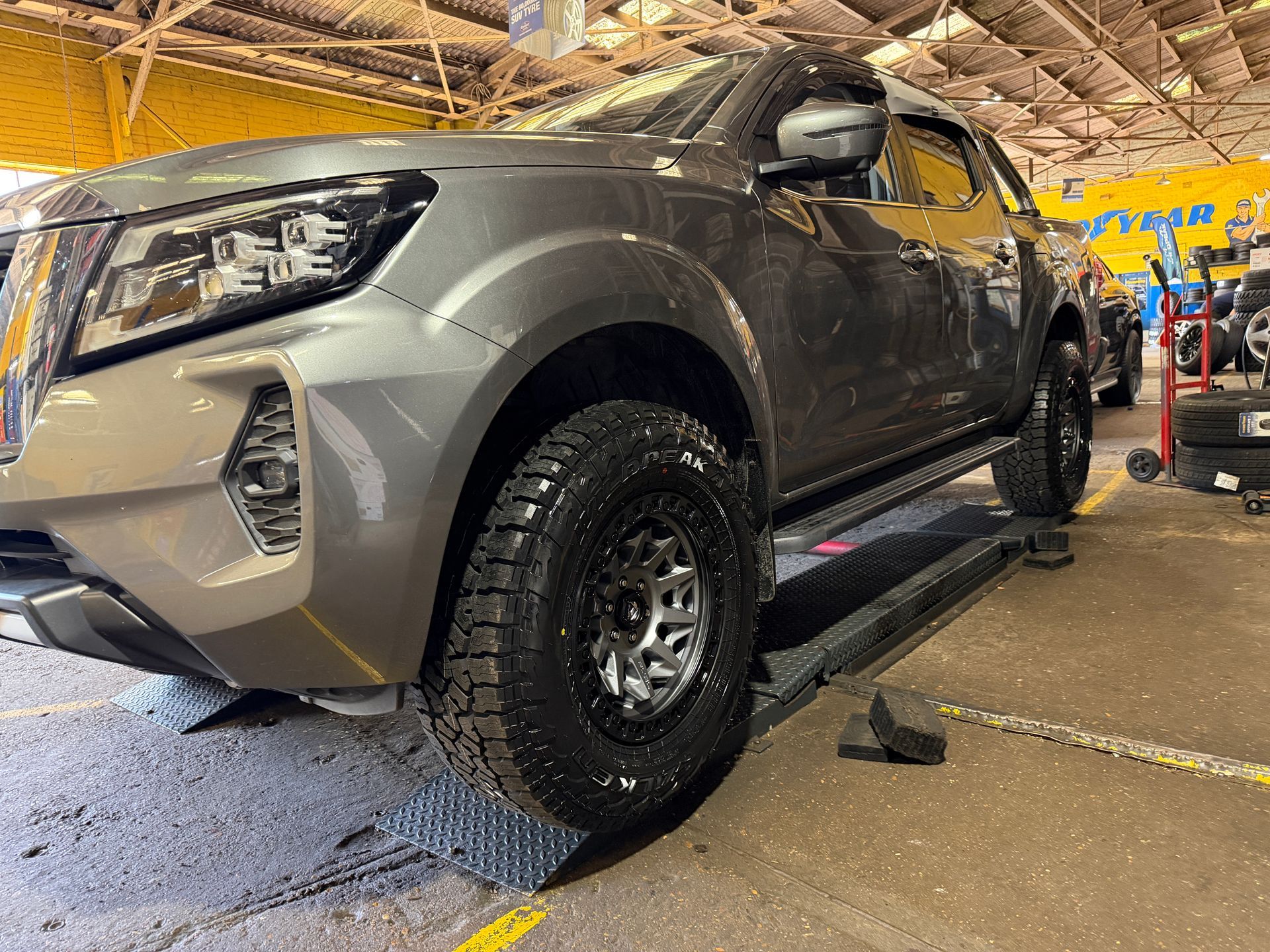 Low angle of car in workshop