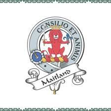 The Maitland clan crest featuring a red lion, sword, and fleur-de-lis encircled by the Latin motto