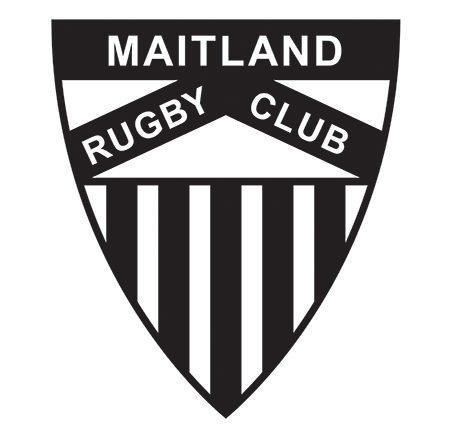 Black and white logo of Maitland Rugby Club featuring a shield with vertical stripes and the club name across the top.
