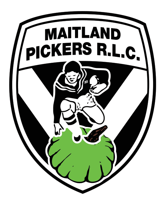 The Maitland Pickers R.L.C. sports logo, featuring a rugby player leaping over a green vegetable inside a shield emblem.