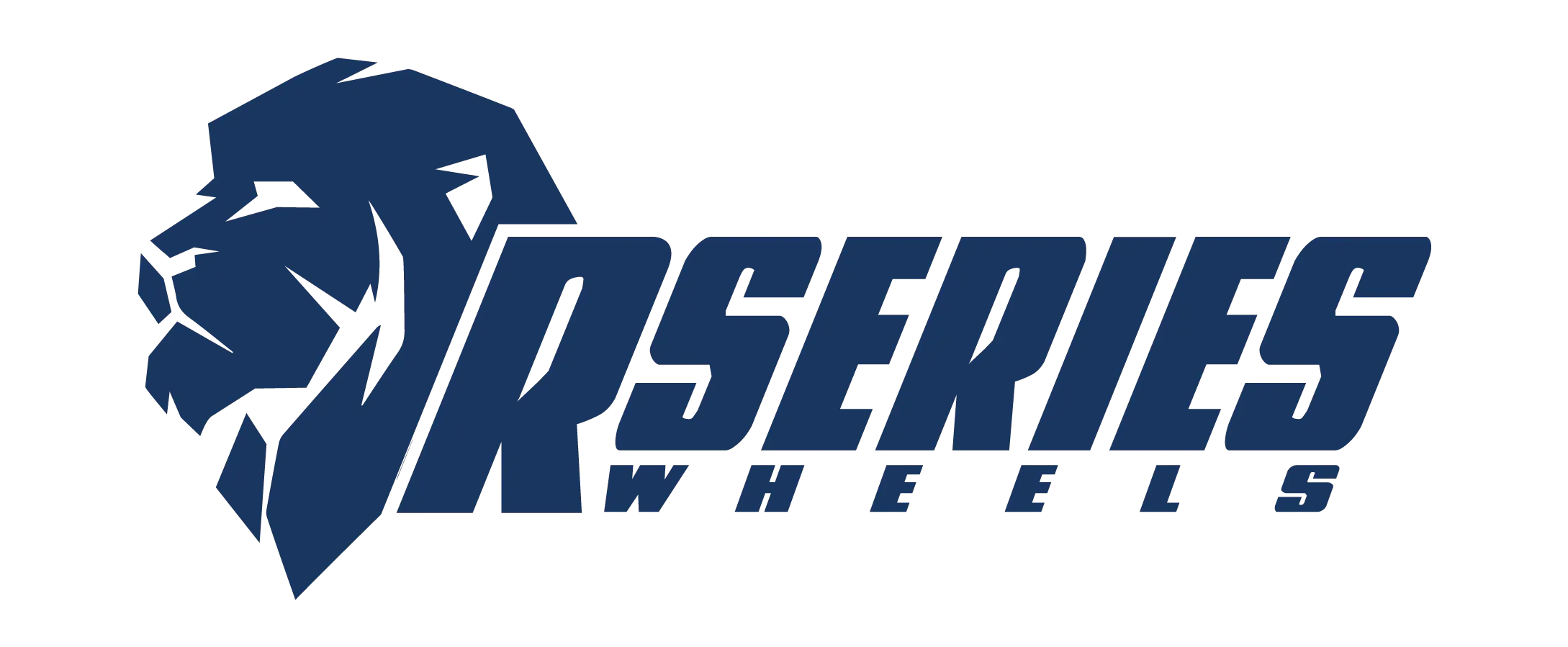 Logo for R-Series Wheels featuring a dark blue lion silhouette integrated with the letter R and bold, dark blue lettering.