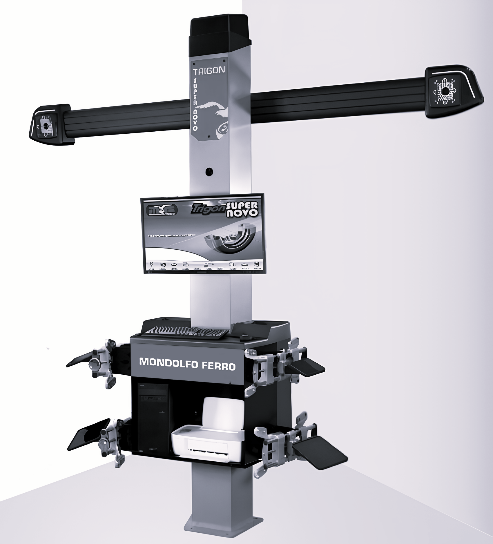 A tall, grey 3D wheel alignment machine stand featuring a computer monitor, tower, printer, and camera sensor crossbar.