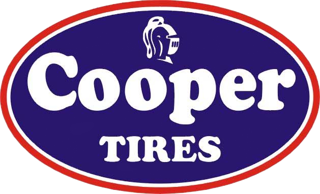 A Cooper Tires logo featuring white text and a knight helmet icon inside a navy blue oval with a thin red border.