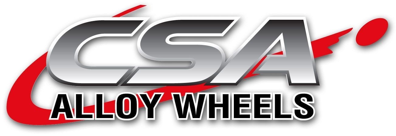 Logo for CSA Alloy Wheels featuring metallic silver text with a red curved accent line on a white background.