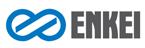 The blue, infinity-style logo of Enkei next to the company name written in grey, capital, sans-serif letters.
