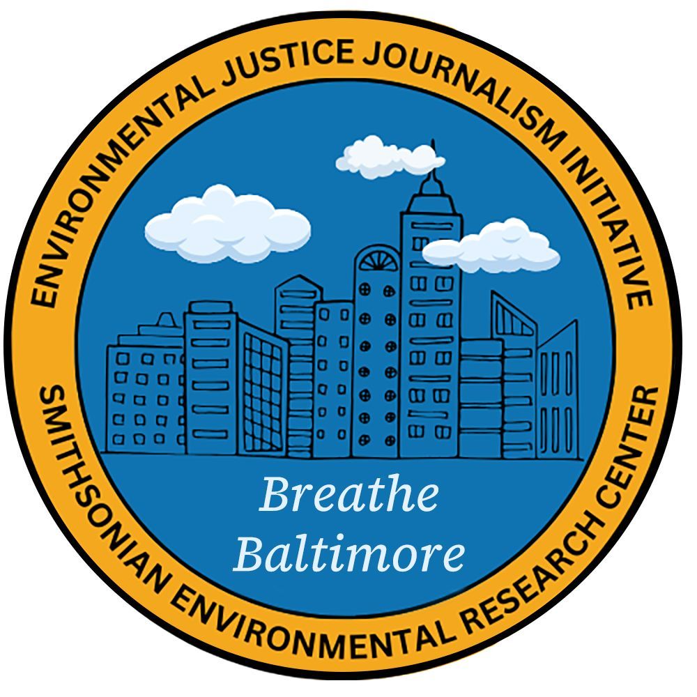 Circle logo for Breathe Baltimore. The center is sky blue and has a black pencil sketch of a skyline with 3 white clouds.