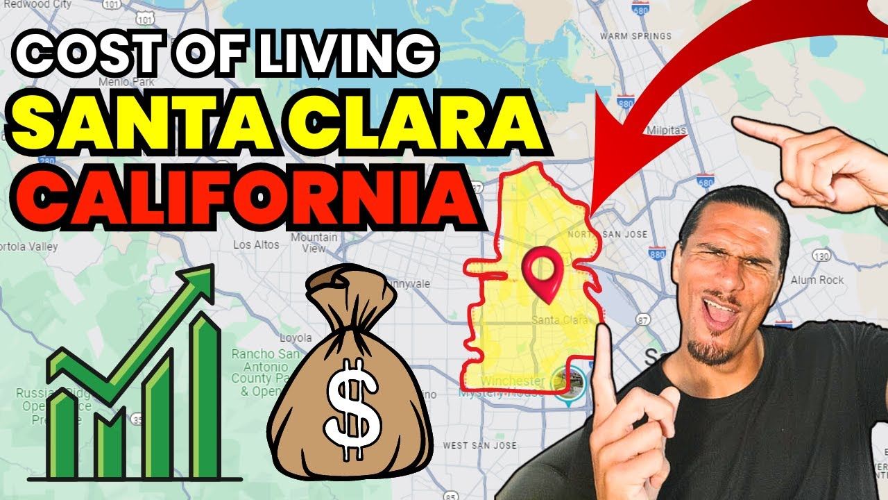 YouTube thumbnail: Cost of living in Santa Clara, California. Man points at map with money bag and growing graph.
