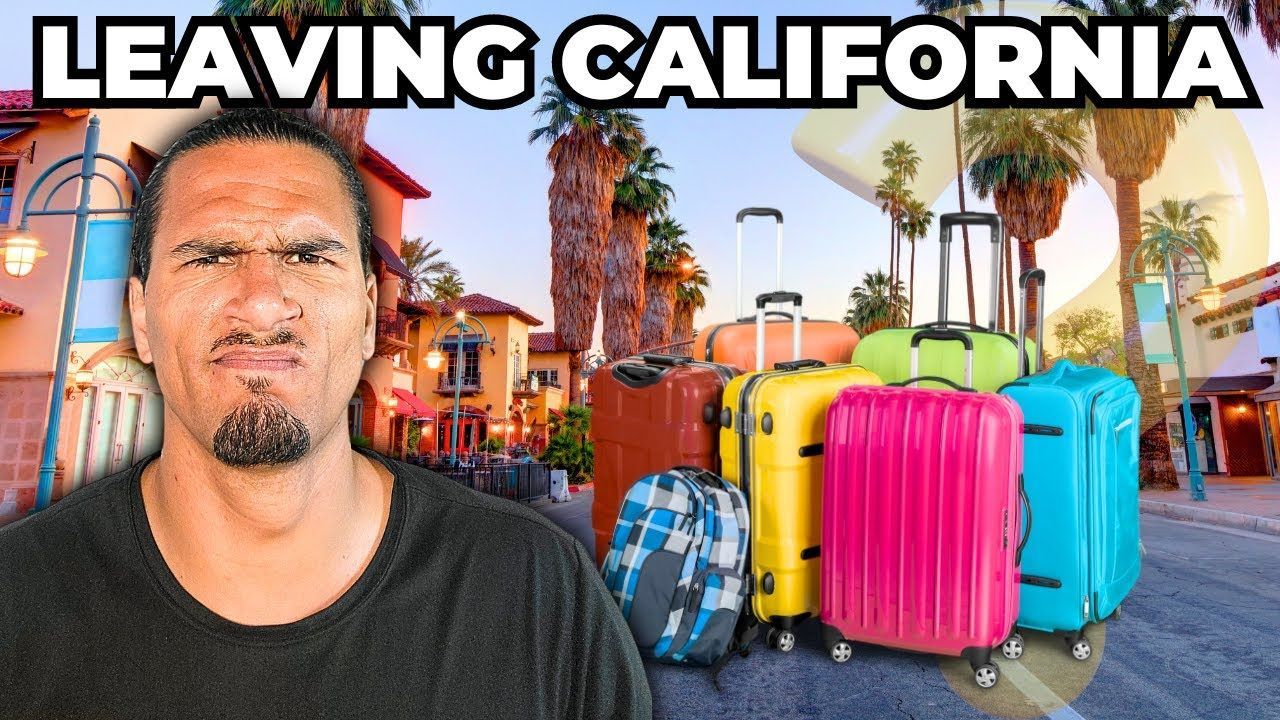 Man with a grimace, luggage stacked, palm trees, and buildings. Headline: Leaving California.