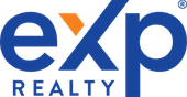 A blue and orange logo for exp realty