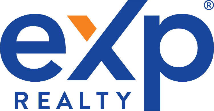 A blue and orange logo for exp realty