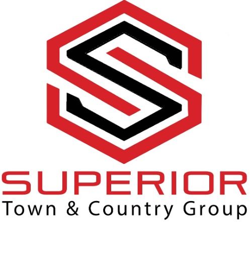 A red and black logo for superior town & country group