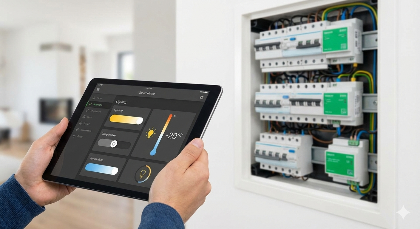 Persona che utilizza un tablet per controllare le funzionalità della casa intelligente vicino a un quadro elettrico.