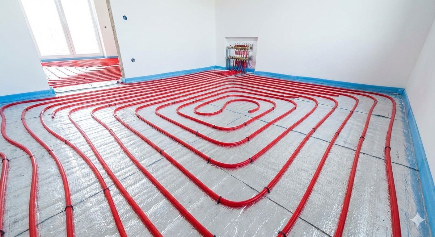 Tubi rossi per il riscaldamento a pavimento installati in una stanza, pronti per la pavimentazione.