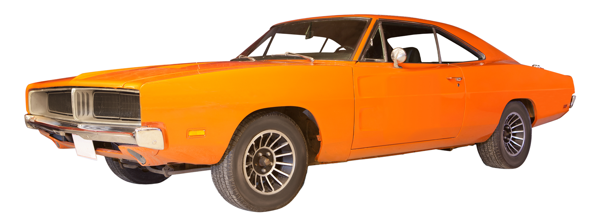 an orange dodge charger is shown on a white background .