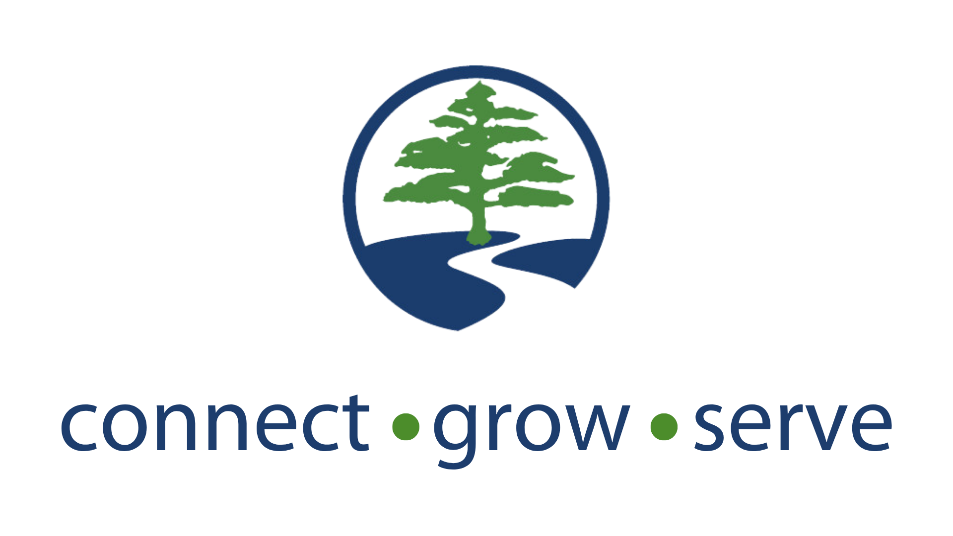 Logo featuring a green tree above a blue winding path in a circle, with the text 