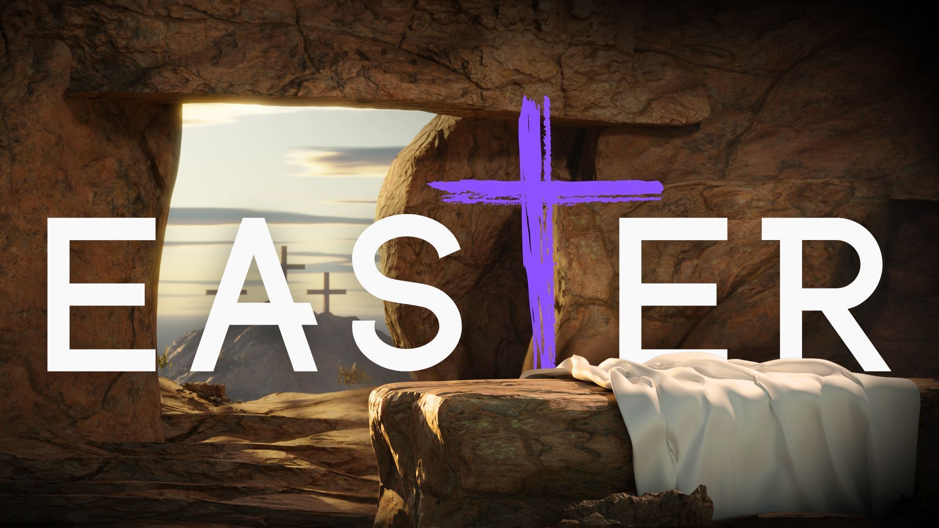 The word easter is on a poster with a cross in the background.