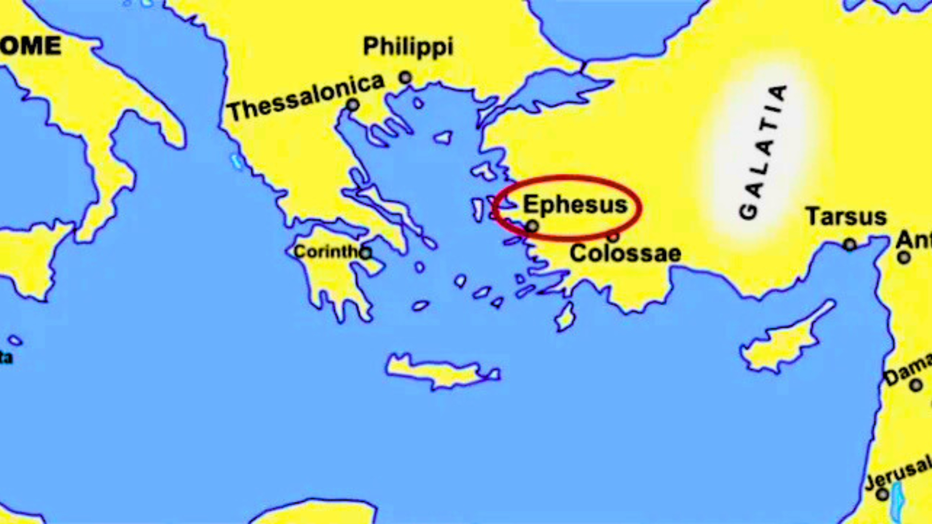 Map highlighting Ephesus, Greece, and surrounding areas in yellow, with labels.
