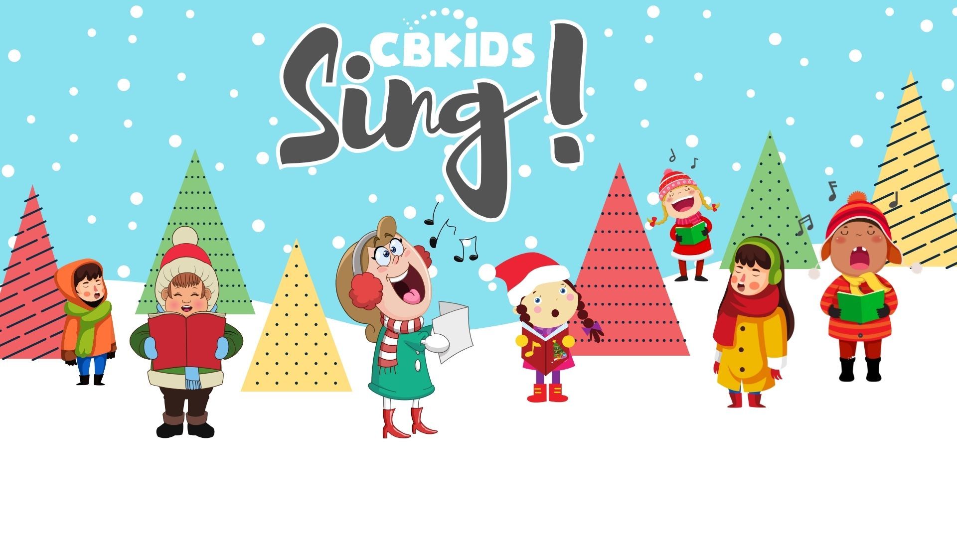 CBKids Sing! Snowy scene with cartoon children singing carols. Colorful trees and falling snow.