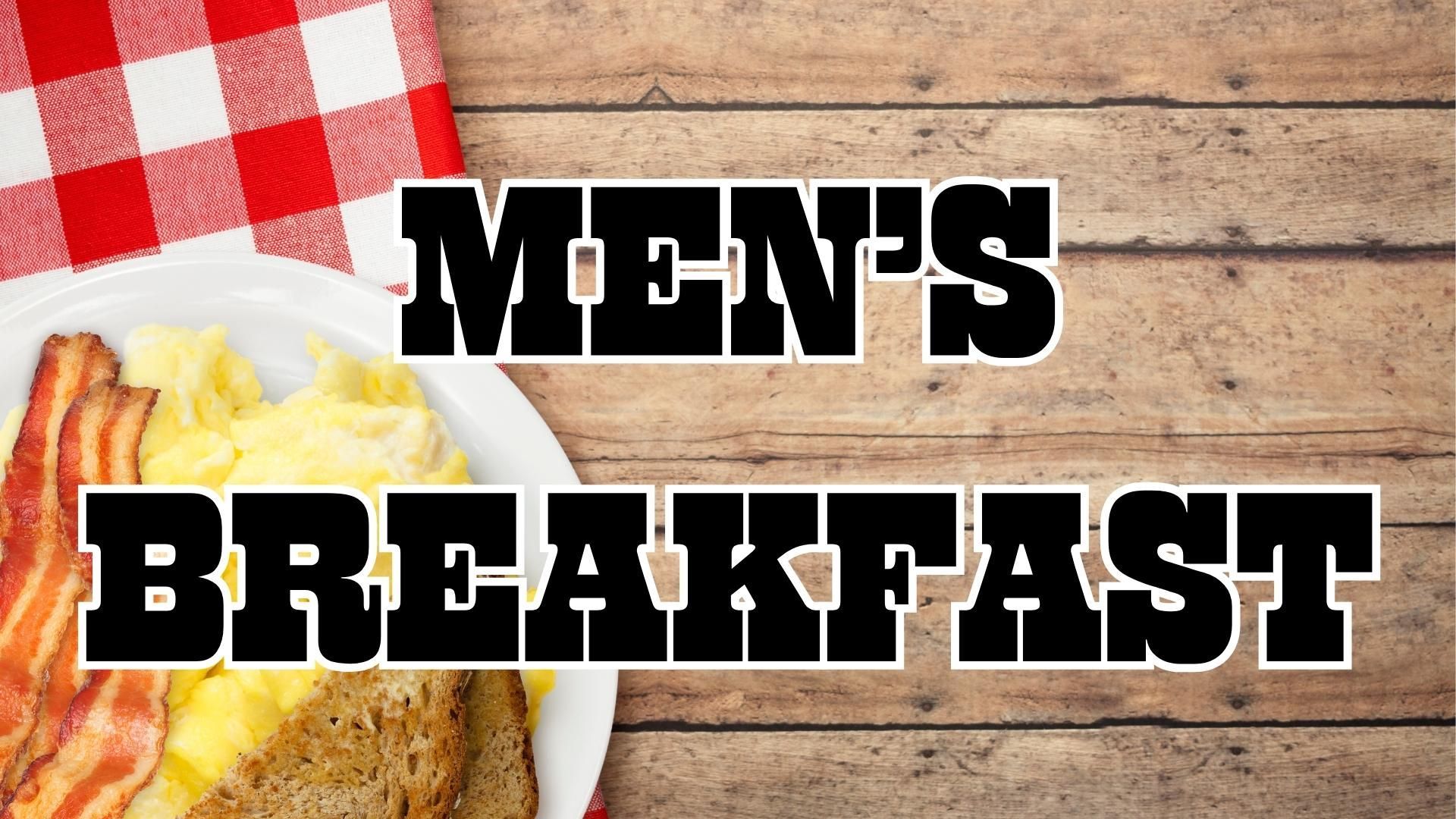 Men's Breakfast: Plate of food with bacon, eggs, and toast; red checkered napkin on wood table.
