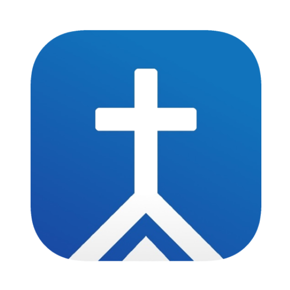 White cross symbol on blue rounded square background.