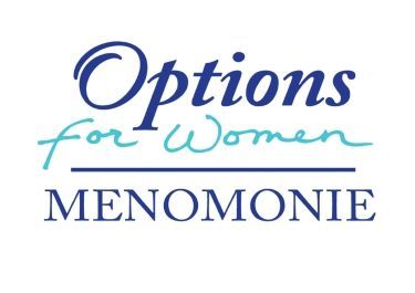 A blue and white logo for options for women menomonie