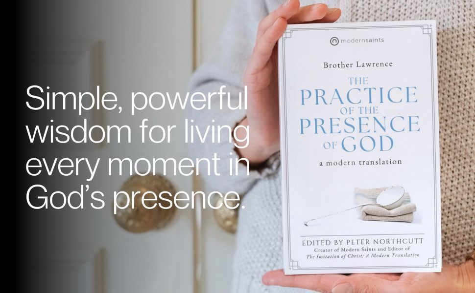 A person is holding a book titled the practice of the presence of god