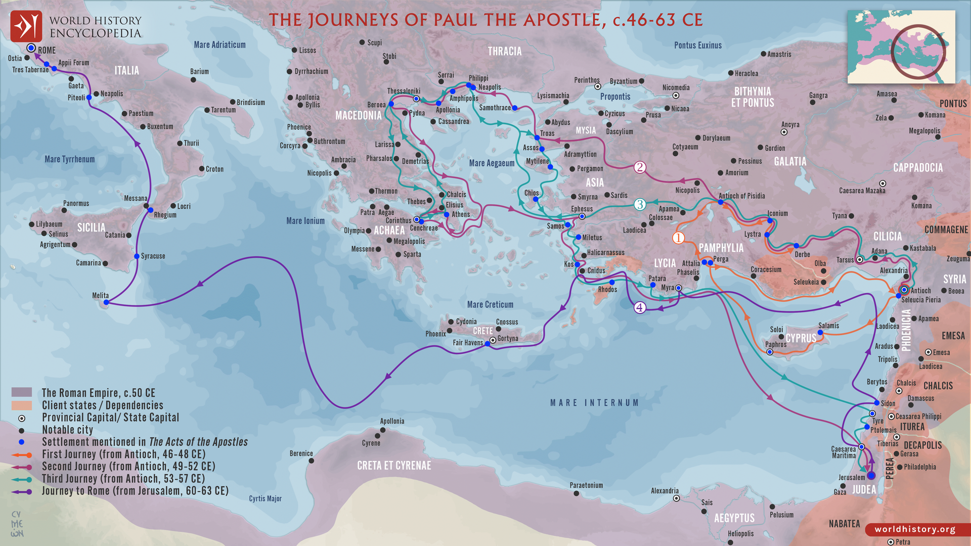 Map of Paul the Apostle's journeys from 40-63 CE, showing routes across the Mediterranean Sea and surrounding regions.