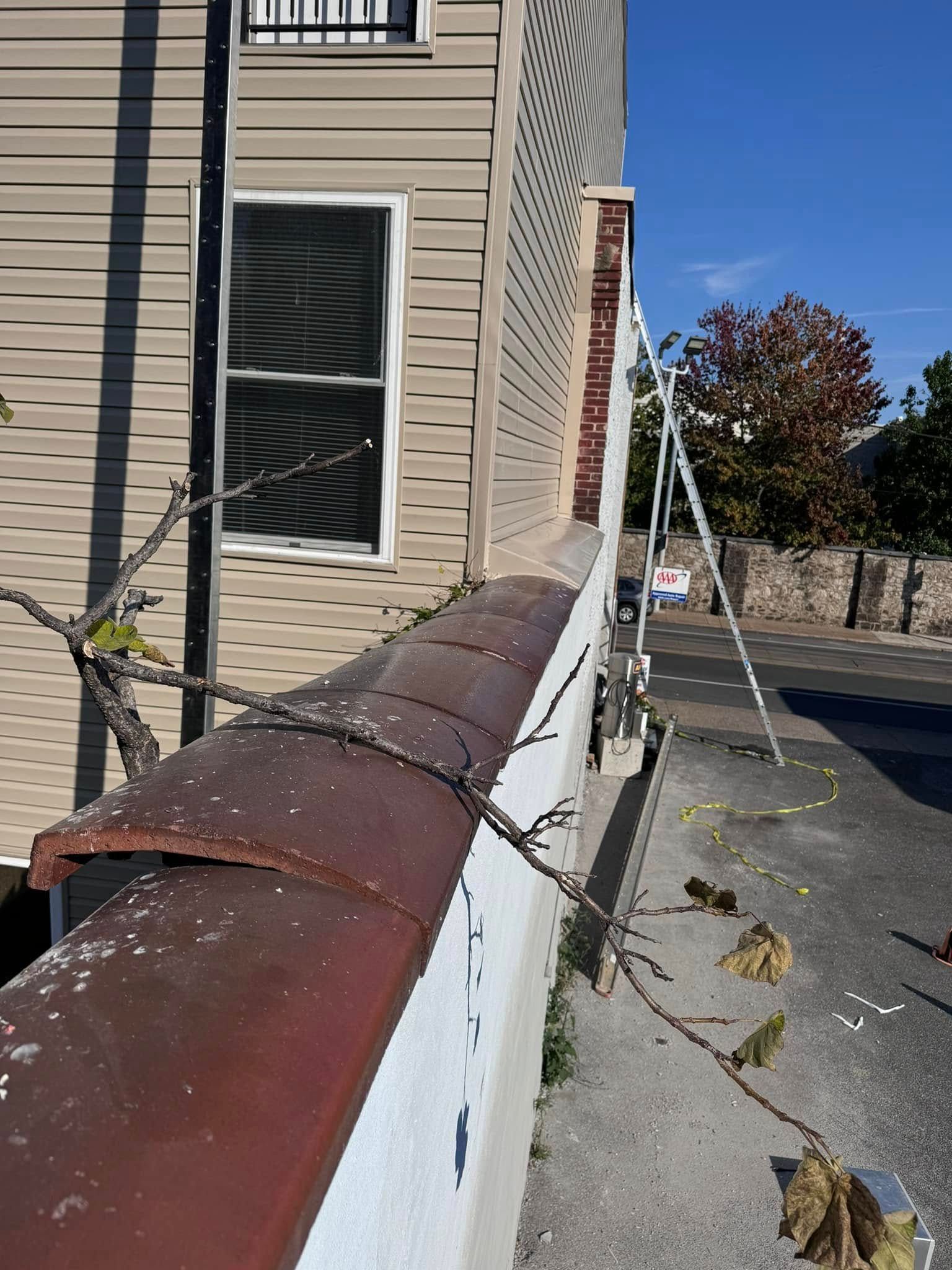 Wall with a curved brown top, a window, and a building with tan siding. Trees and a sidewalk are visible.