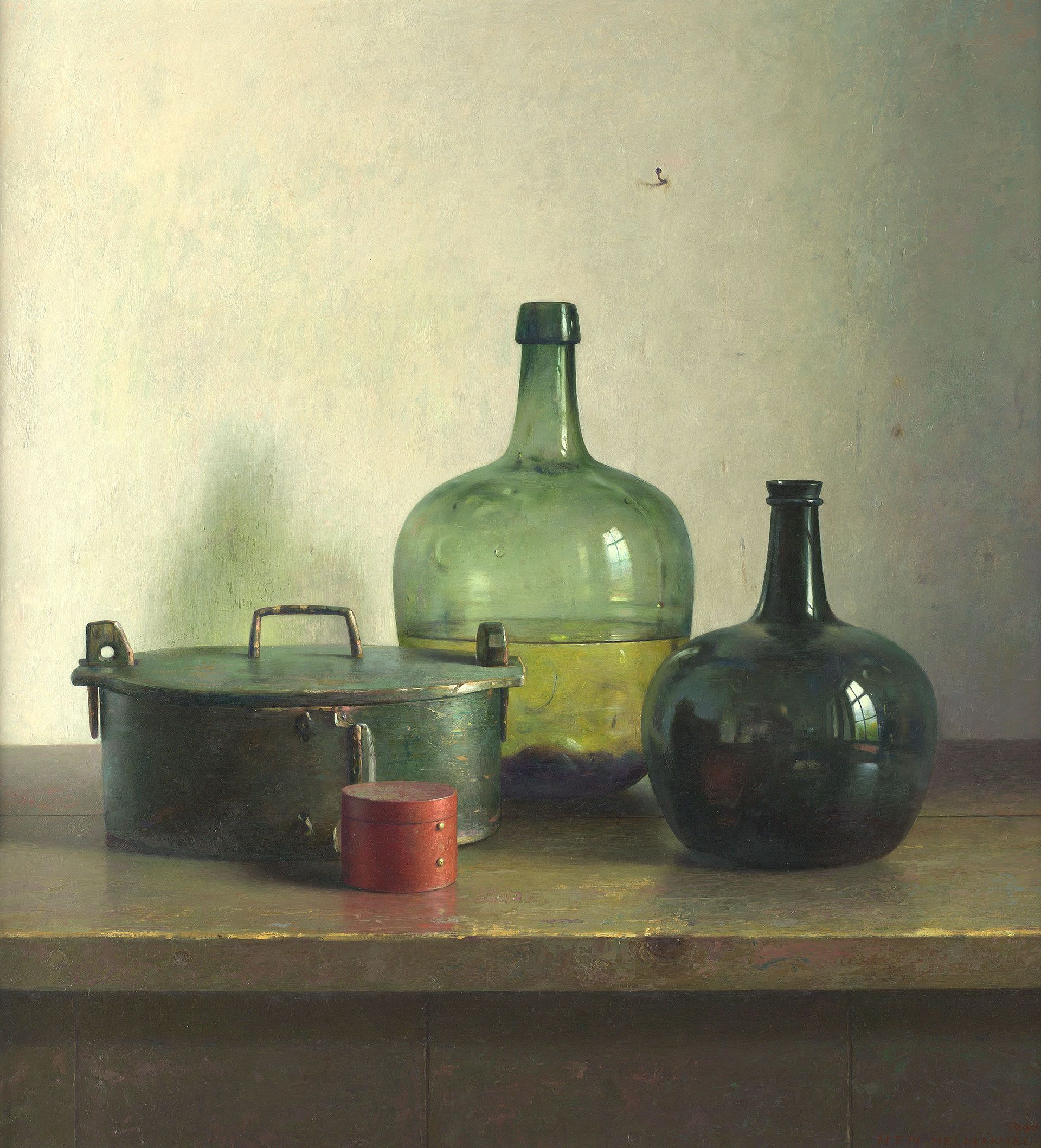 Henk Helmantel schilderij, Butte met twee flessen en rood doosje , 1990