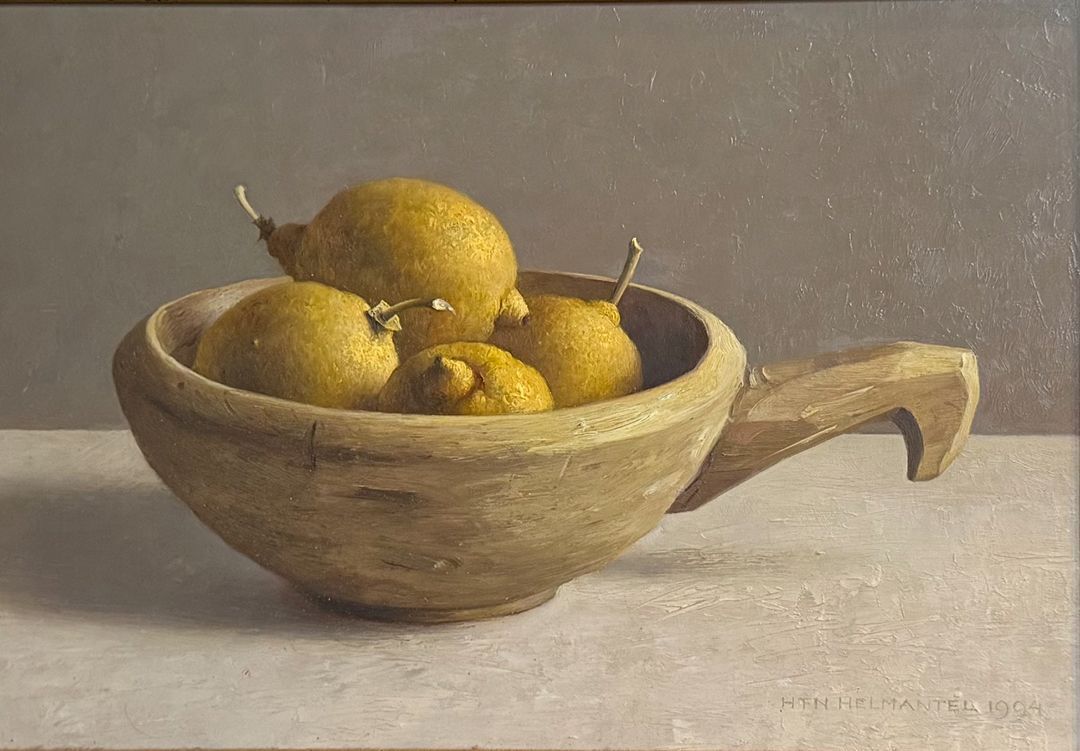 Henk Helmantel schilderij 1994 Houten nap met citroenen