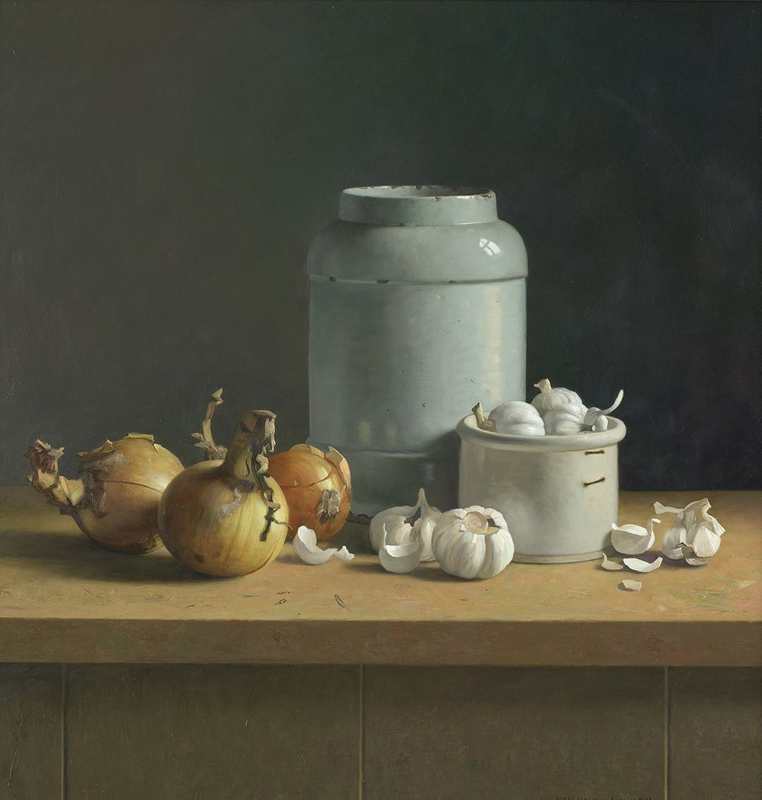 Henk Helmantel schilderij, Knoflook, uien en grote apothekerspot , 2011
