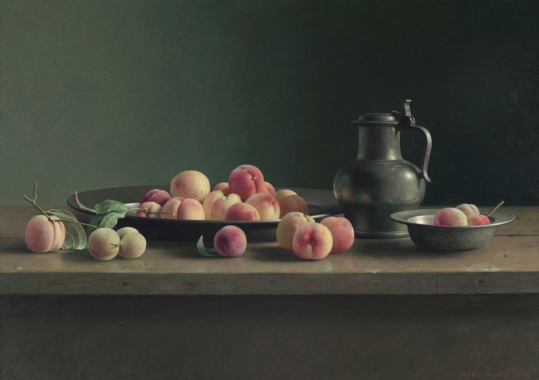 Henk Helmantel schilderij 1986 Stilleven met Europees glas en houten kom