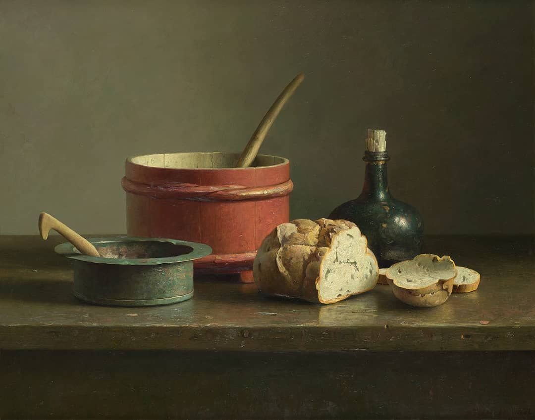 Helmantel Schilderij Stilleven met Spaanse fles en brood