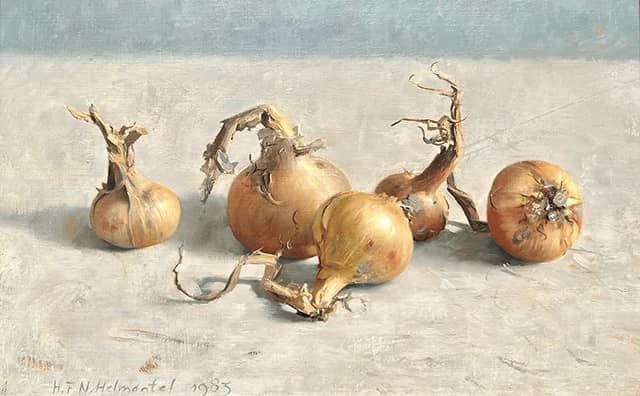 Henk Helmantel schilderij 1983 Stilleven met 5 uien