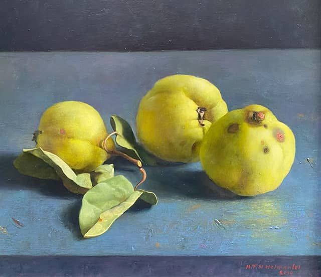 Henk Helmantel schilderij 2010 Stilleven met Kweeperen
