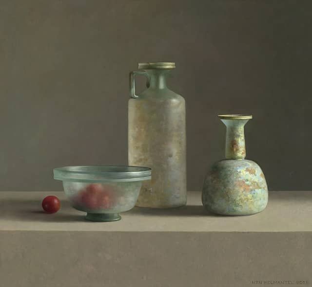 Henk Helmantel schilderij 2021 Stilleven met Romeins glas en tomaatjes