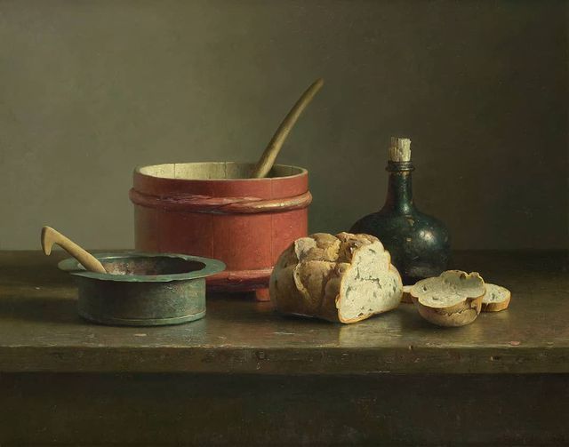 Henk Helmantel schilderij 1998 Stilleven met Spaanse fles en brood
