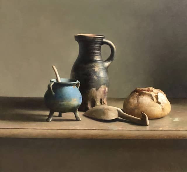 Henk Helmantel schilderij 2019 Stilleven met Vlaamse kan, grape en brood