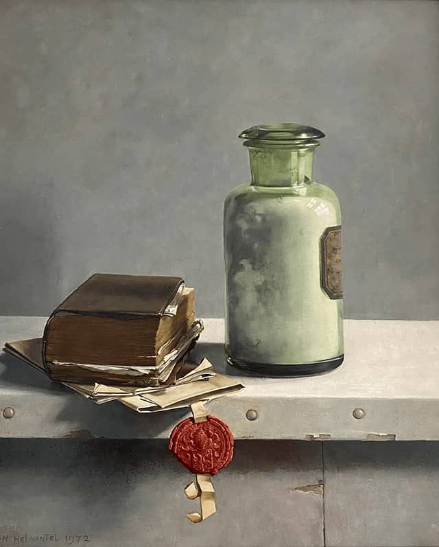 Henk Helmantel schilderij 1972 Stilleven met boek en glaswerk
