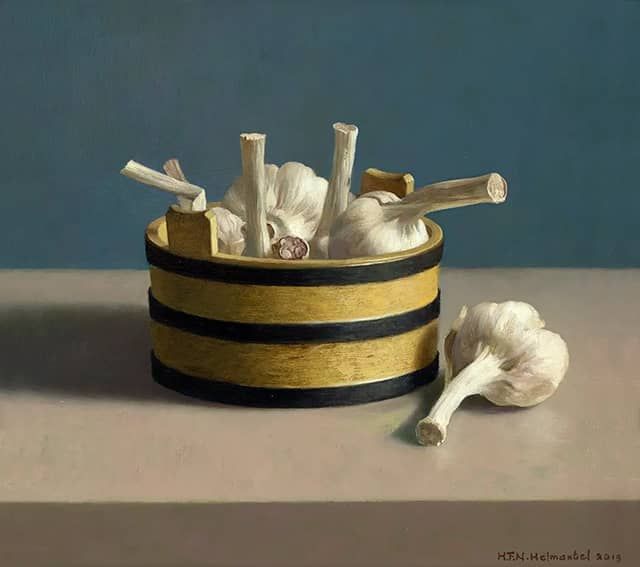Henk Helmantel schilderij 2019 Stilleven met knoflook