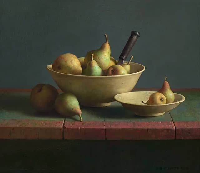 Henk Helmantel schilderij 2000 Stilleven met peren