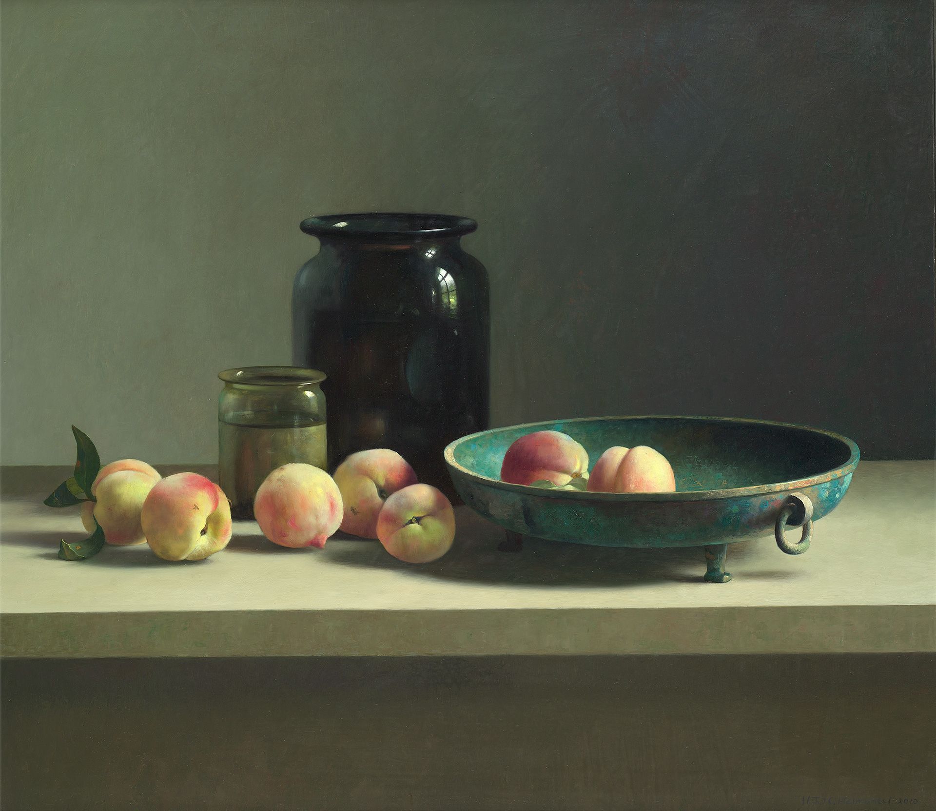 Henk Helmantel schilderij, Stilleven met perziken en glas , 2010
