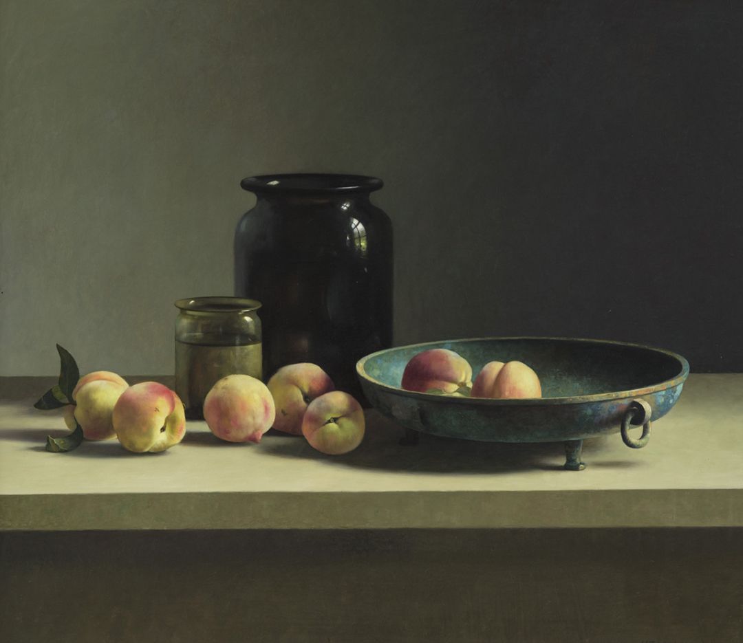 Henk Helmantel schilderij, Stilleven met perziken en glas , 2010