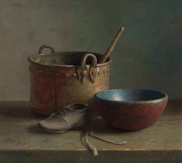 Henk Helmantel schilderij 1988 Stilleven met pot, kom en schoentje